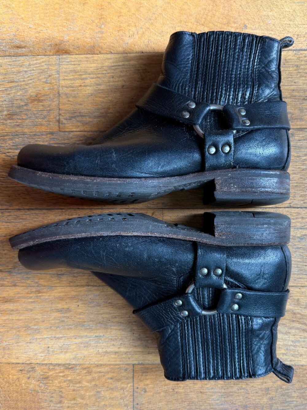 Frye Black Leather Harness Ankle Boots